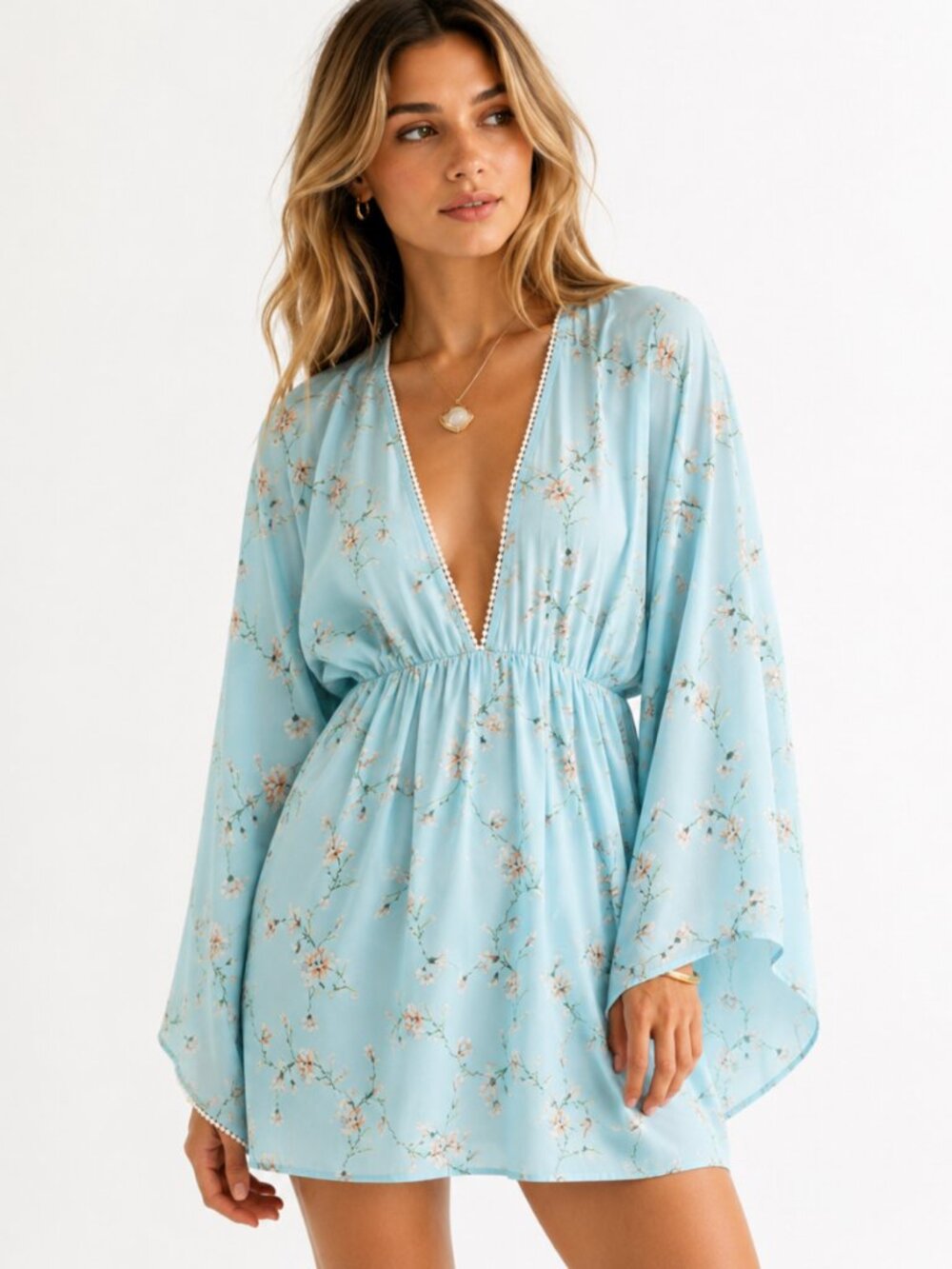 Celia Dragouni Floral Print Satin Kimono Mini Dress Aqua Size M
